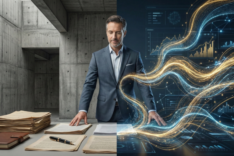 Executivo demonstrando fluência em IA ao conectar estratégias de negócios tradicionais com inteligência de dados avançada.
