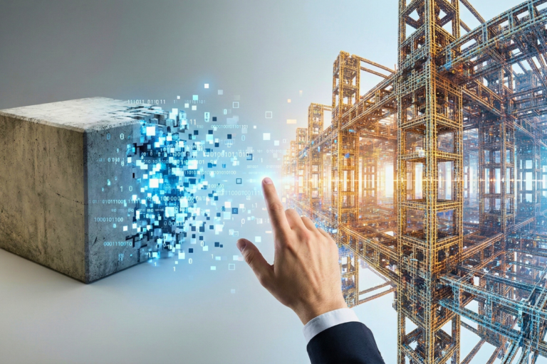 Representação visual da inovação do modelo de negócio, onde o produto físico se desfaz para dar lugar a uma estrutura digital estratégica.
