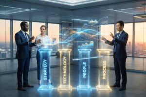 Líderes executivos em sala de estratégia interagindo com projeção holográfica dos 4 pilares da estratégia de IA da Gartner.