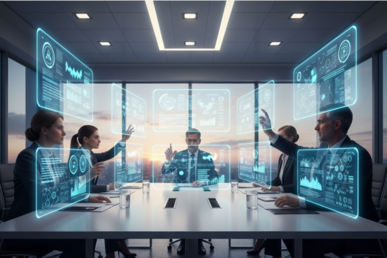 executivos analisando relatórios de IA em Business Intelligence para decisões estratégicas