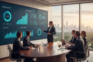 Executivos discutindo como Operacionalizar a IA na Liderança para vantagem competitiva.