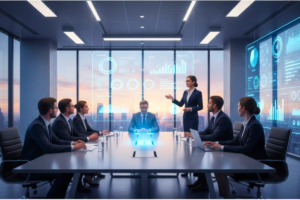 líderes participando de programa de capacitação em ambiente corporativo digital