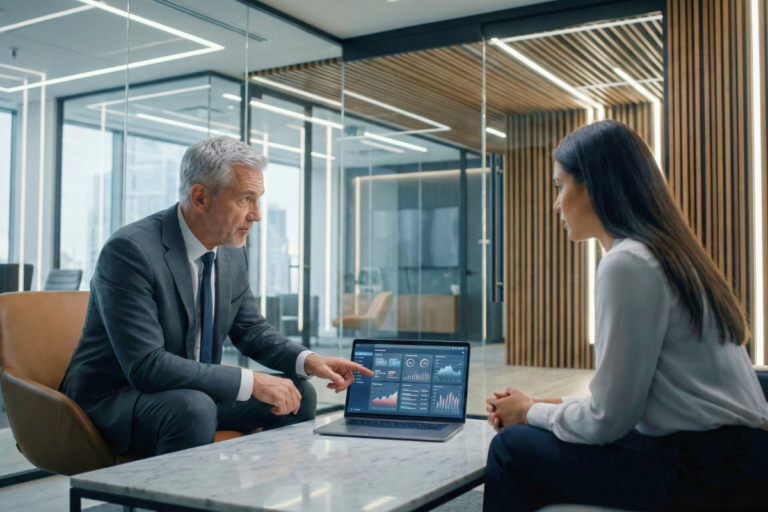 Líder utilizando feedback com IA para personalizar conversa de desenvolvimento com colaborador