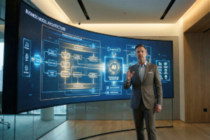 Líder estratégico redesenhando modelo de negócios IA-First com foco em entrega de valor